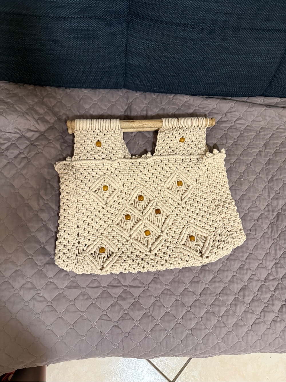 Virginia Wolf Macramé Crochet Handbag NWOT Boho Beach Wooden Handles